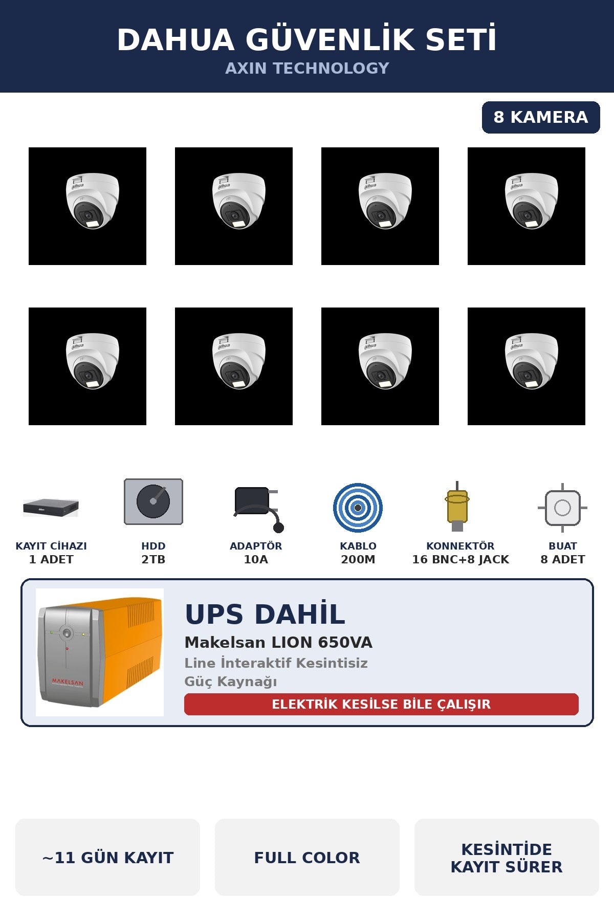 Dahua 8 Kameralı 5MP UPS'li Güvenlik Kamera Seti 5MP Full Color Sesli Dome İç Mekan 2TB