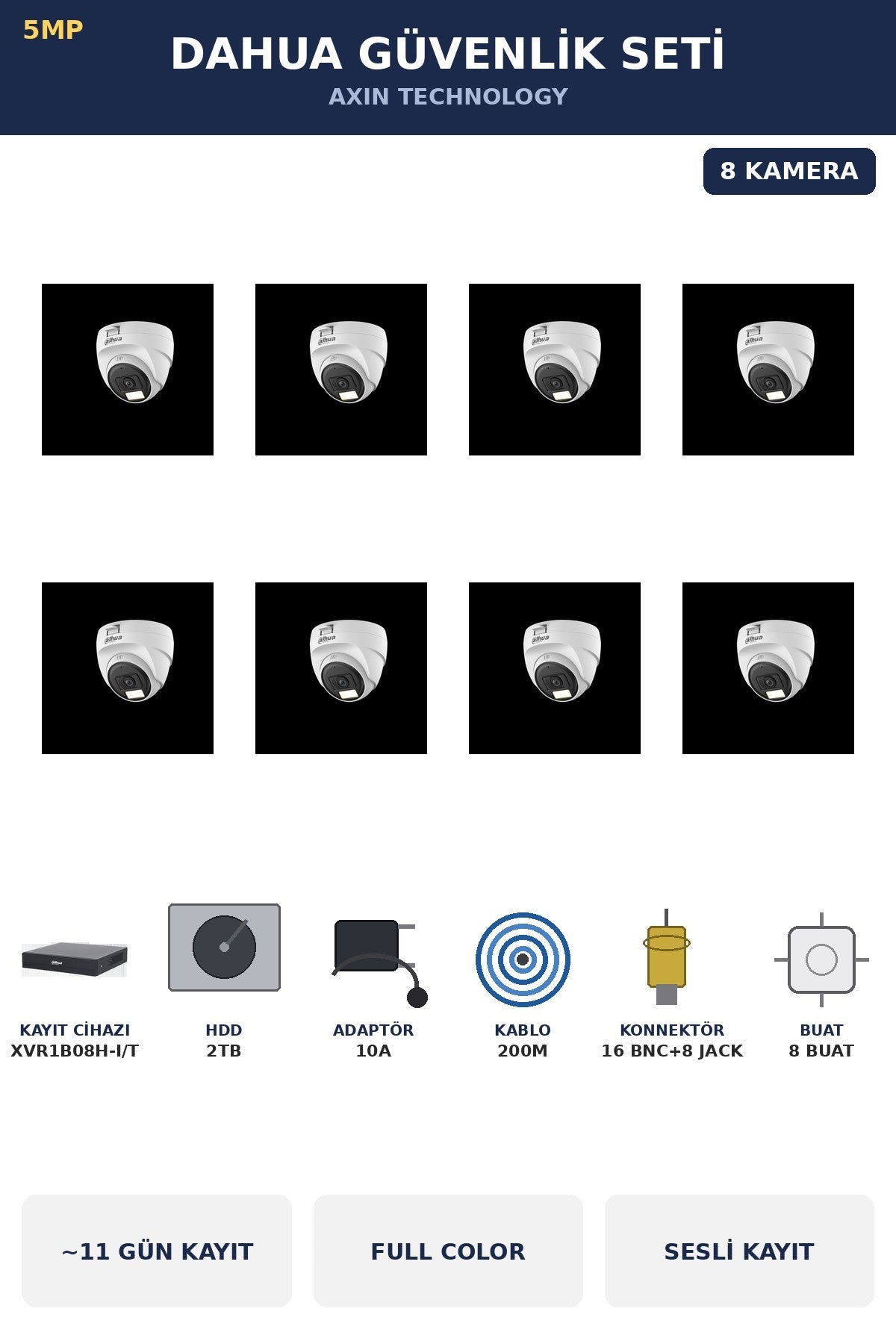 Dahua 8 Kameralı 5MP Güvenlik Kamera Seti 5MP Full Color Sesli Dome İç Mekan 2TB ~11 Gün Kayıt