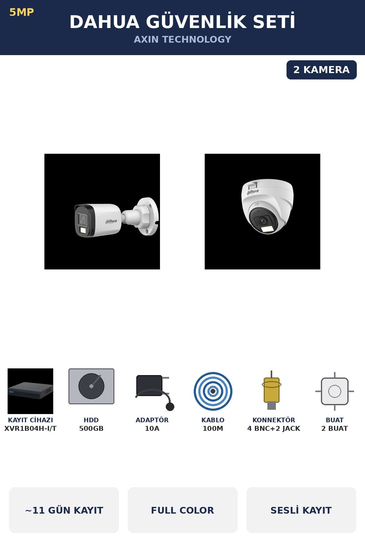 Dahua 2 Kameralı 5MP Güvenlik Kamera Seti 5MP Full Color Sesli Dome+Bullet 500GB ~11 Gün Kayıt