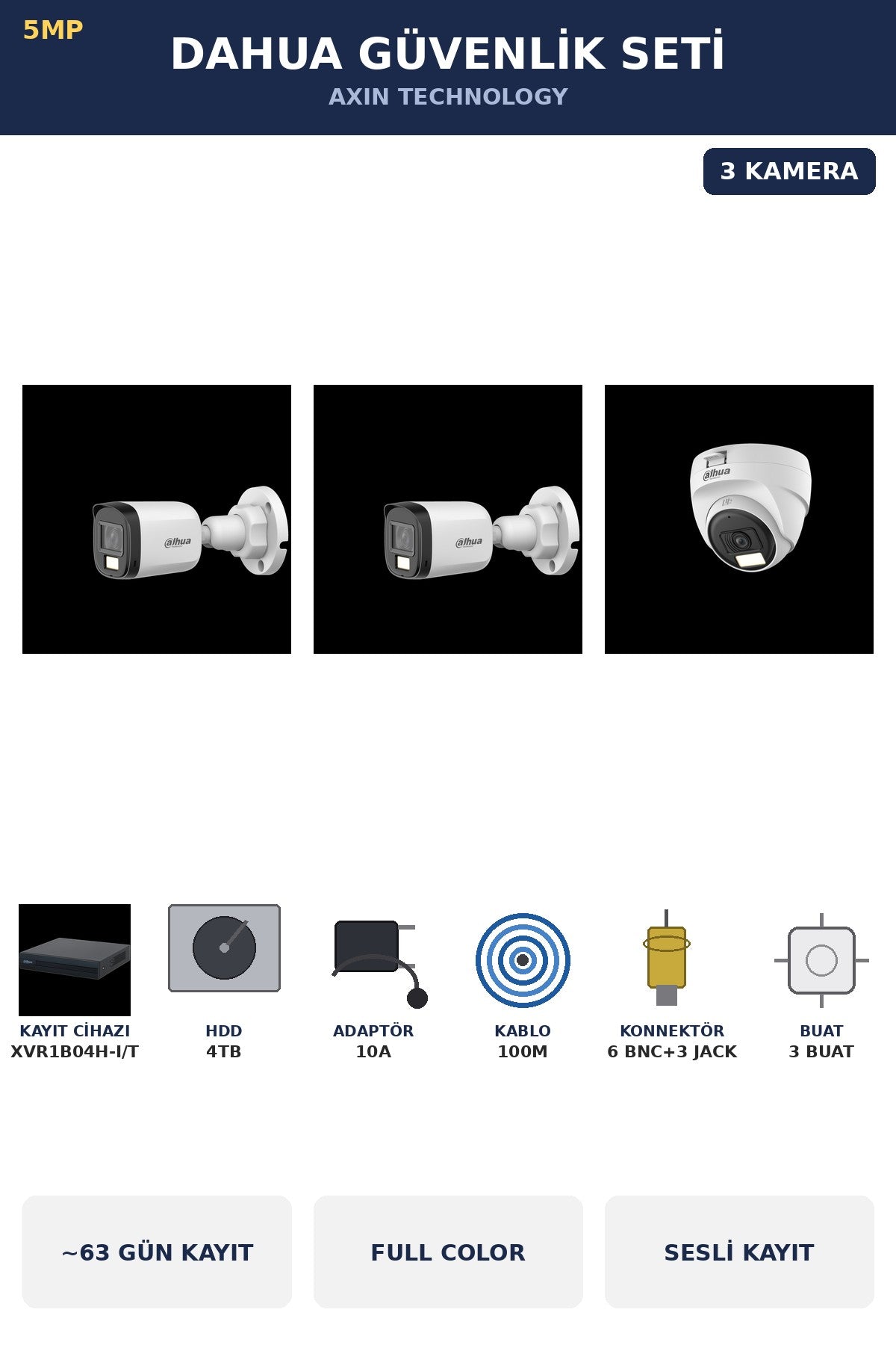 Dahua 3 Kameralı 5MP Güvenlik Kamera Seti 5MP Full Color Sesli Dome+Bullet 4TB ~63 Gün Kayıt
