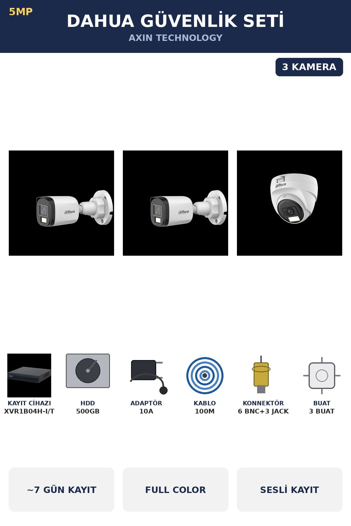 Dahua 3 Kameralı 5MP Güvenlik Kamera Seti 5MP Full Color Sesli Dome+Bullet 500GB ~7 Gün Kayıt