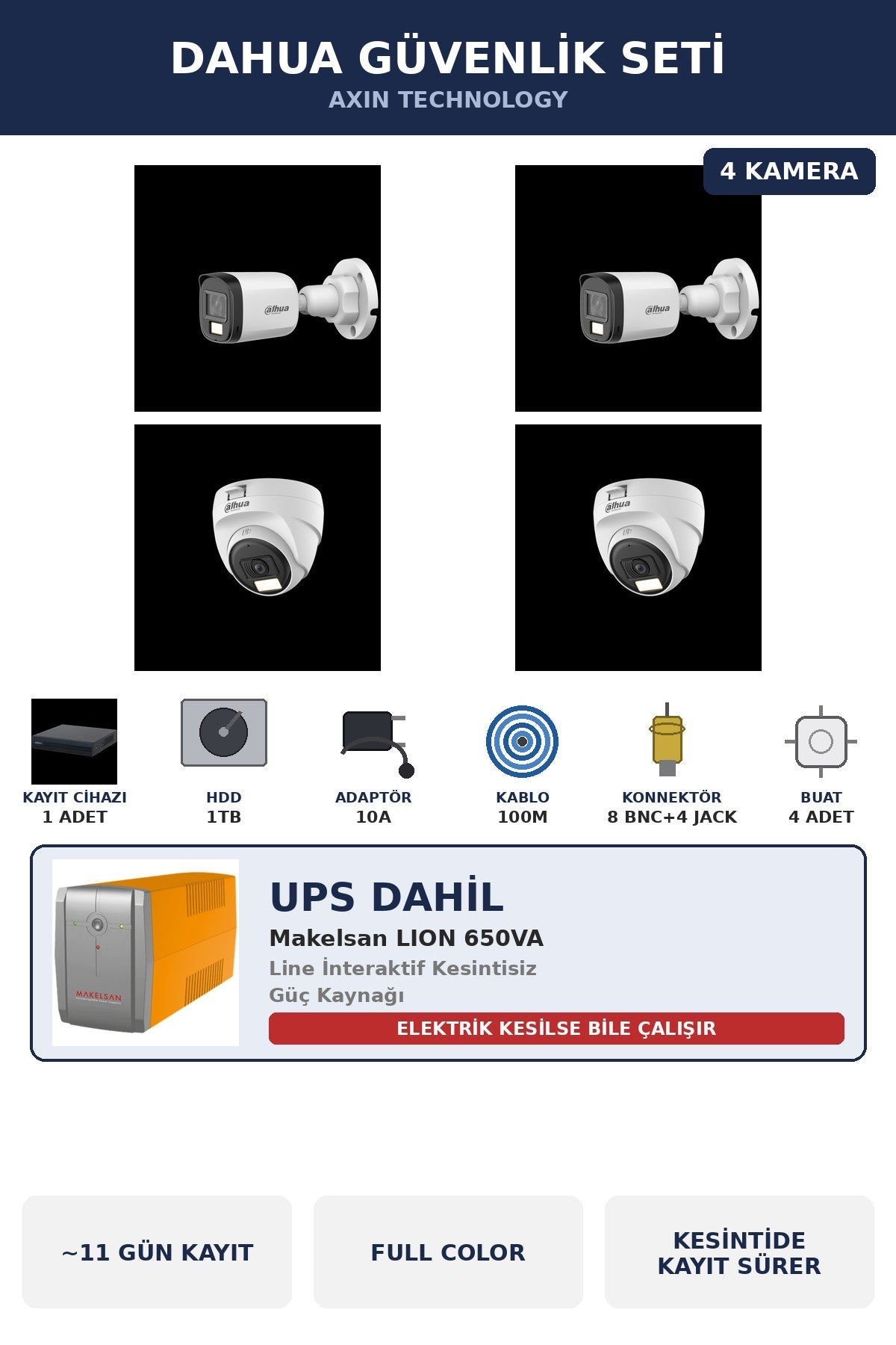 Dahua 4 Kameralı 5MP UPS'li Güvenlik Kamera Seti 5MP Full Color Sesli Dome+Bullet 1TB ~11 Gün Kayıt