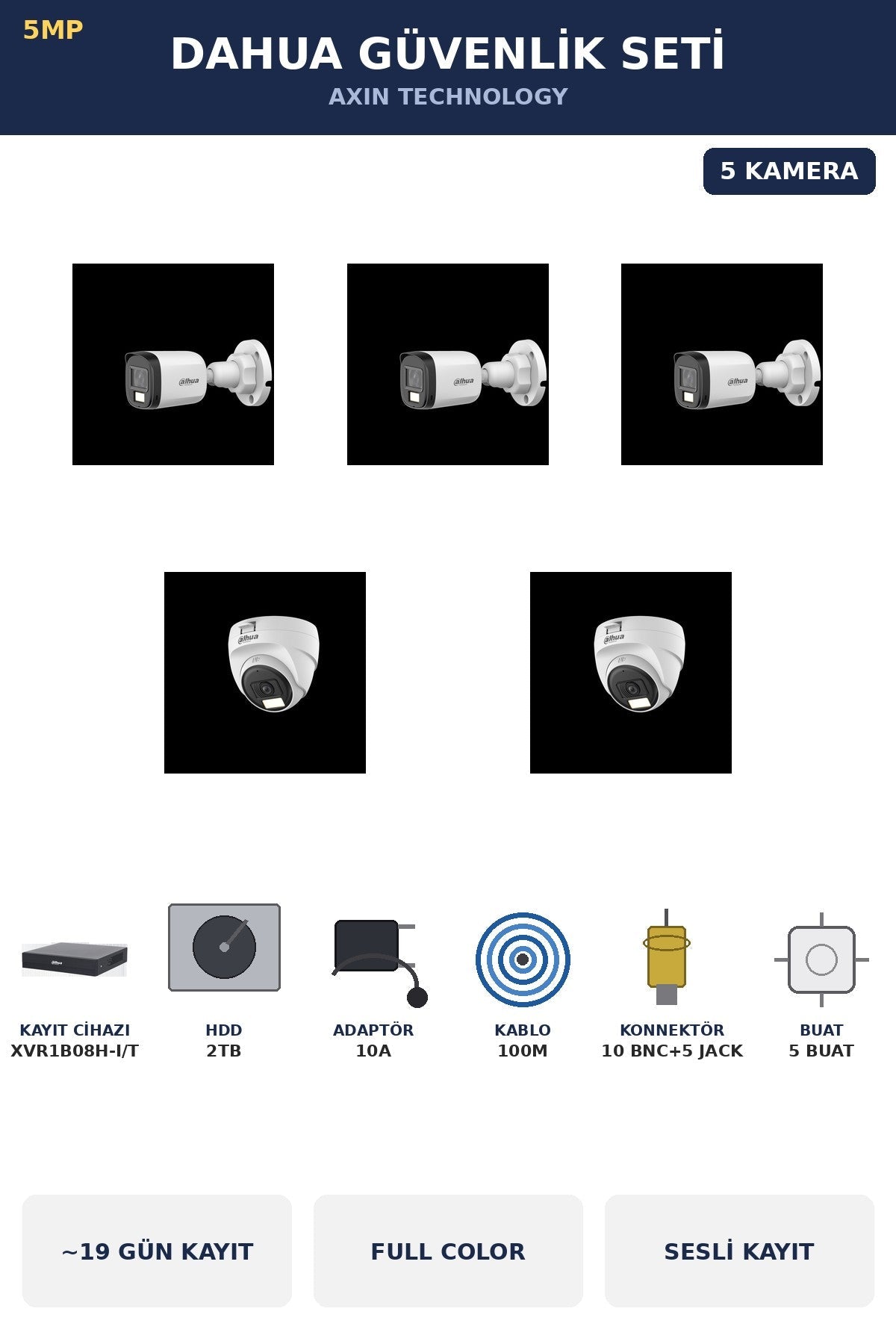 Dahua 5 Kameralı 5MP Güvenlik Kamera Seti 5MP Full Color Sesli Dome+Bullet 2TB ~19 Gün Kayıt