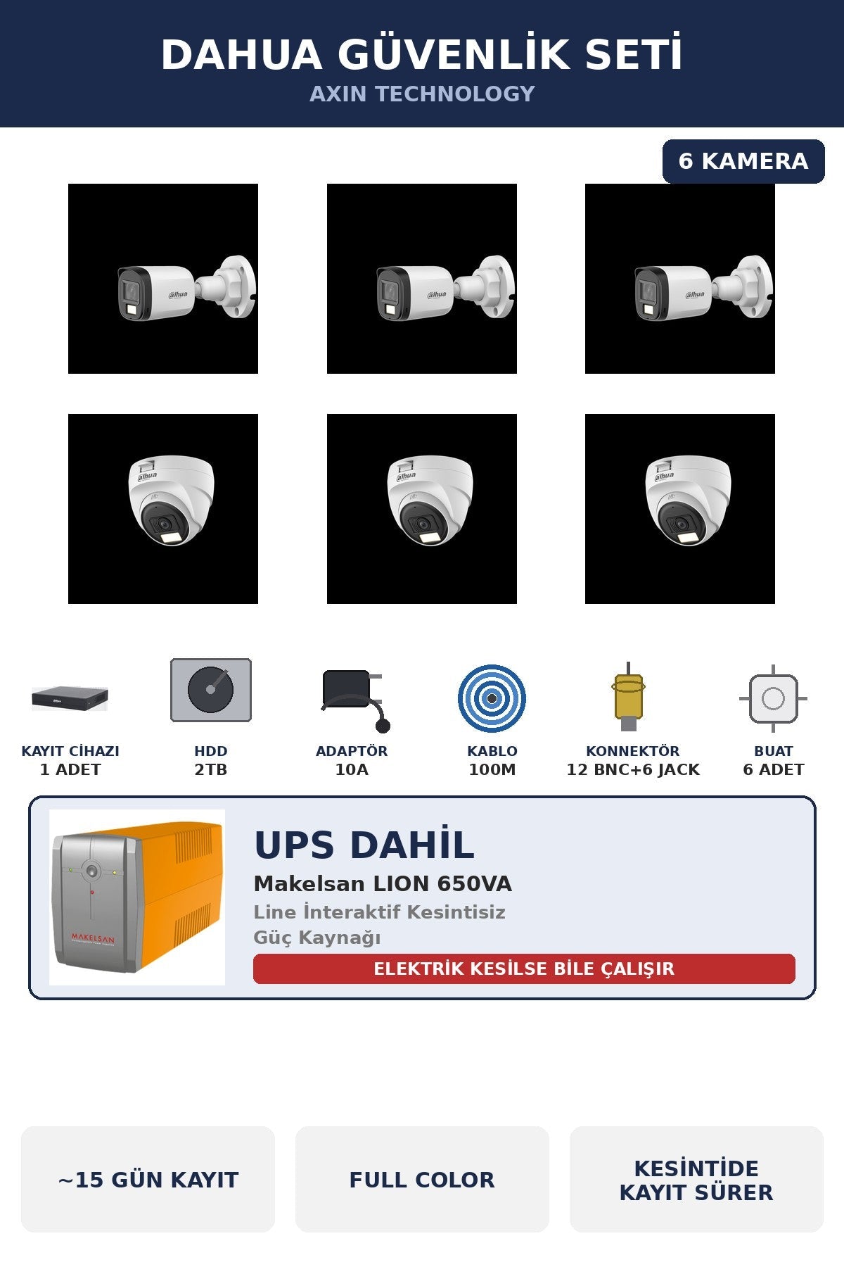 Dahua 6 Kameralı 5MP UPS'li Güvenlik Kamera Seti 5MP Full Color Sesli Dome+Bullet 2TB ~15 Gün Kayıt