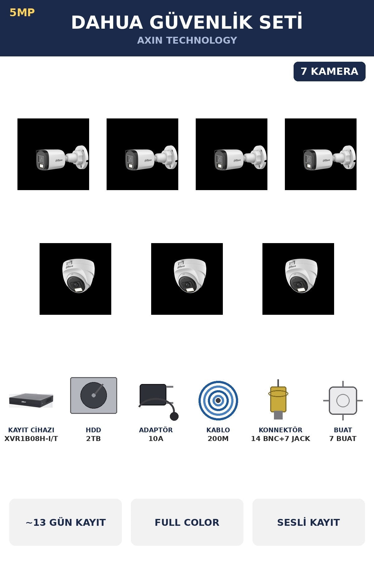 Dahua 7 Kameralı 5MP Güvenlik Kamera Seti 5MP Full Color Sesli Dome+Bullet 2TB ~13 Gün Kayıt