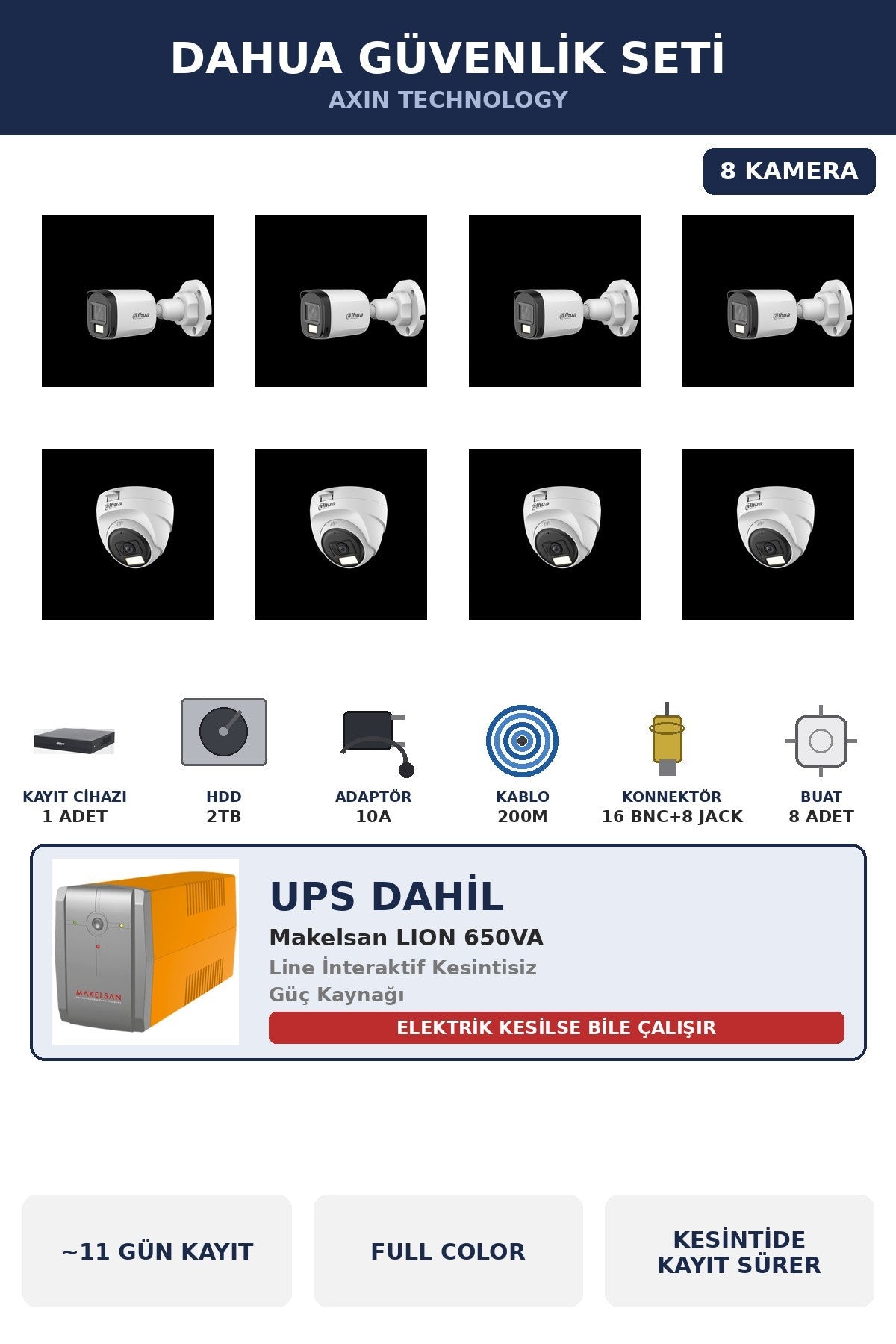 Dahua 8 Kameralı 5MP UPS'li Güvenlik Kamera Seti 5MP Full Color Sesli Dome+Bullet 2TB ~11 Gün Kayıt