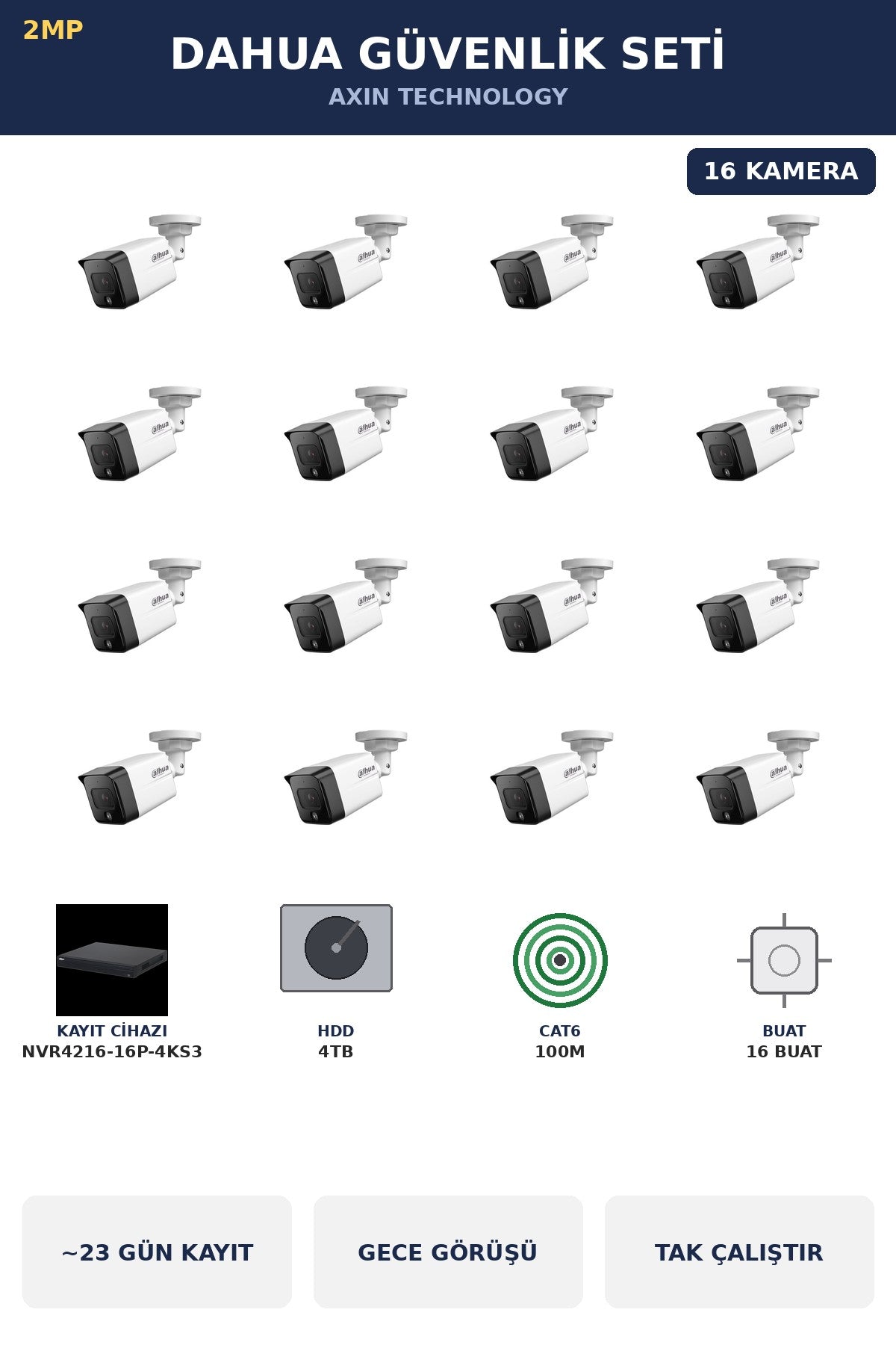 Dahua 16 Kameralı 2MP Güvenlik Kamera Seti IP PoE Tak Çalıştır Bullet Dış Mekan 4TB ~23 Gün Kayıt