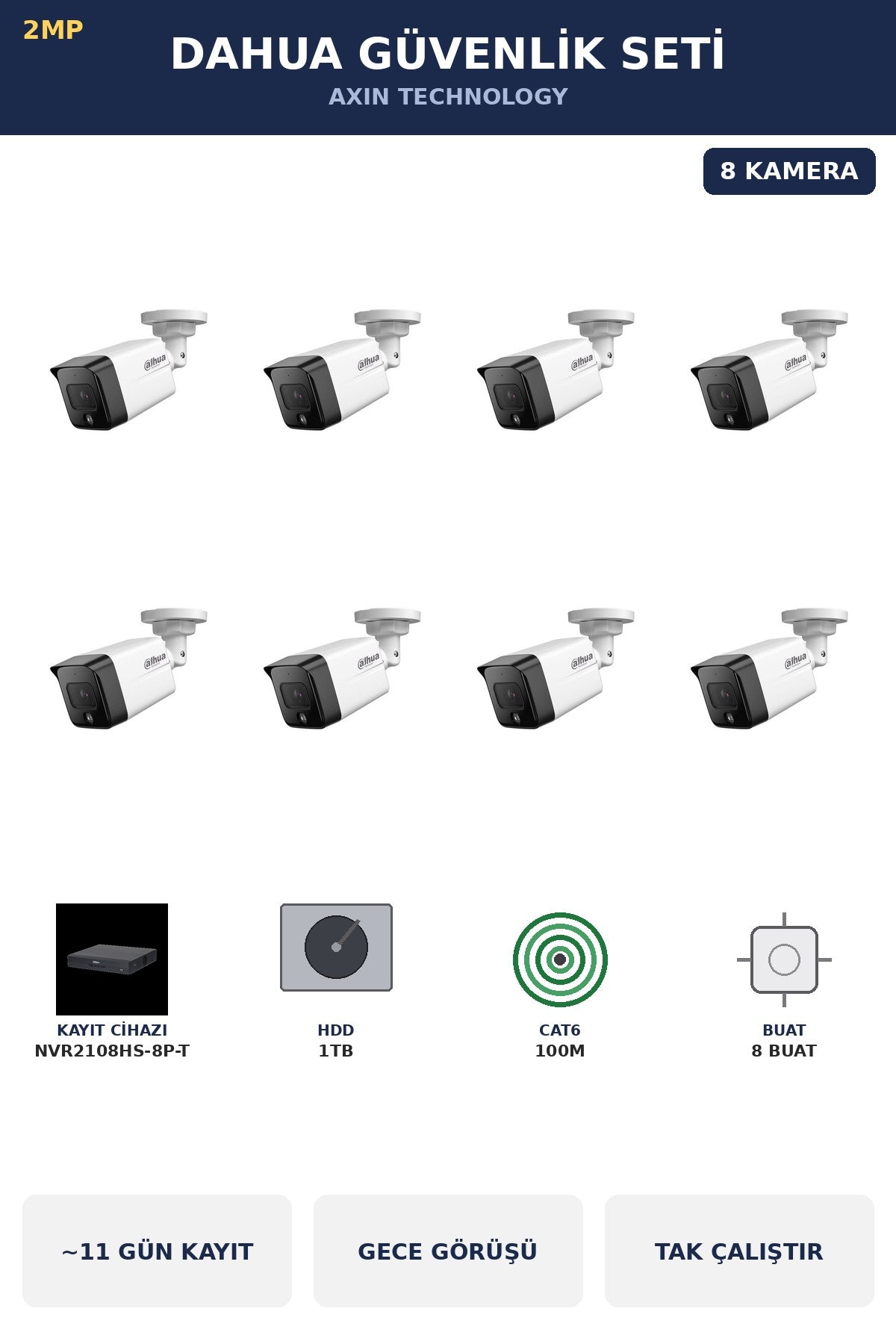 Dahua 8 Kameralı 2MP Güvenlik Kamera Seti IP PoE Tak Çalıştır Bullet Dış Mekan 1TB ~11 Gün Kayıt