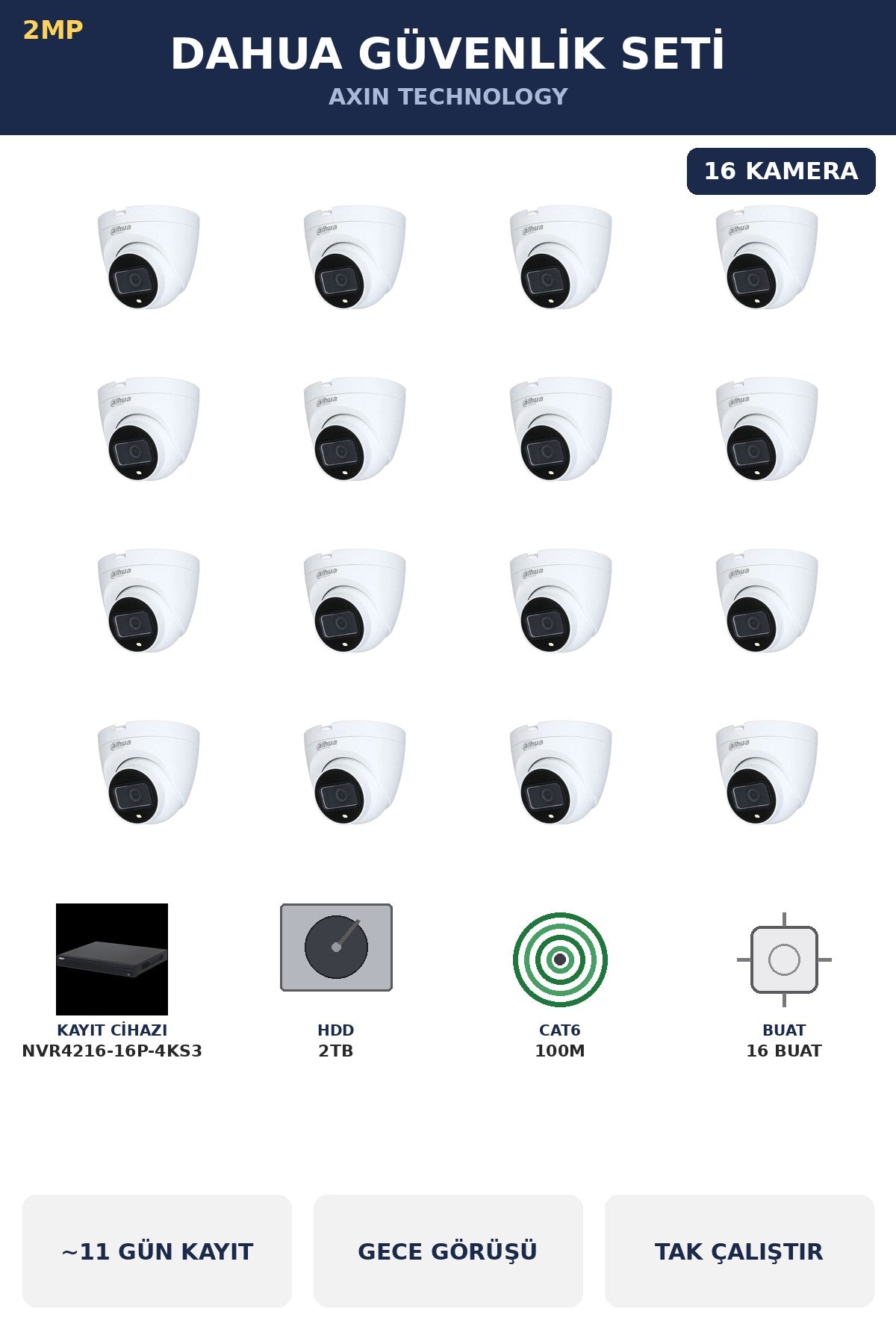 Dahua 16 Kameralı 2MP Güvenlik Kamera Seti IP PoE Tak Çalıştır Dome İç Mekan 2TB ~11 Gün Kayıt