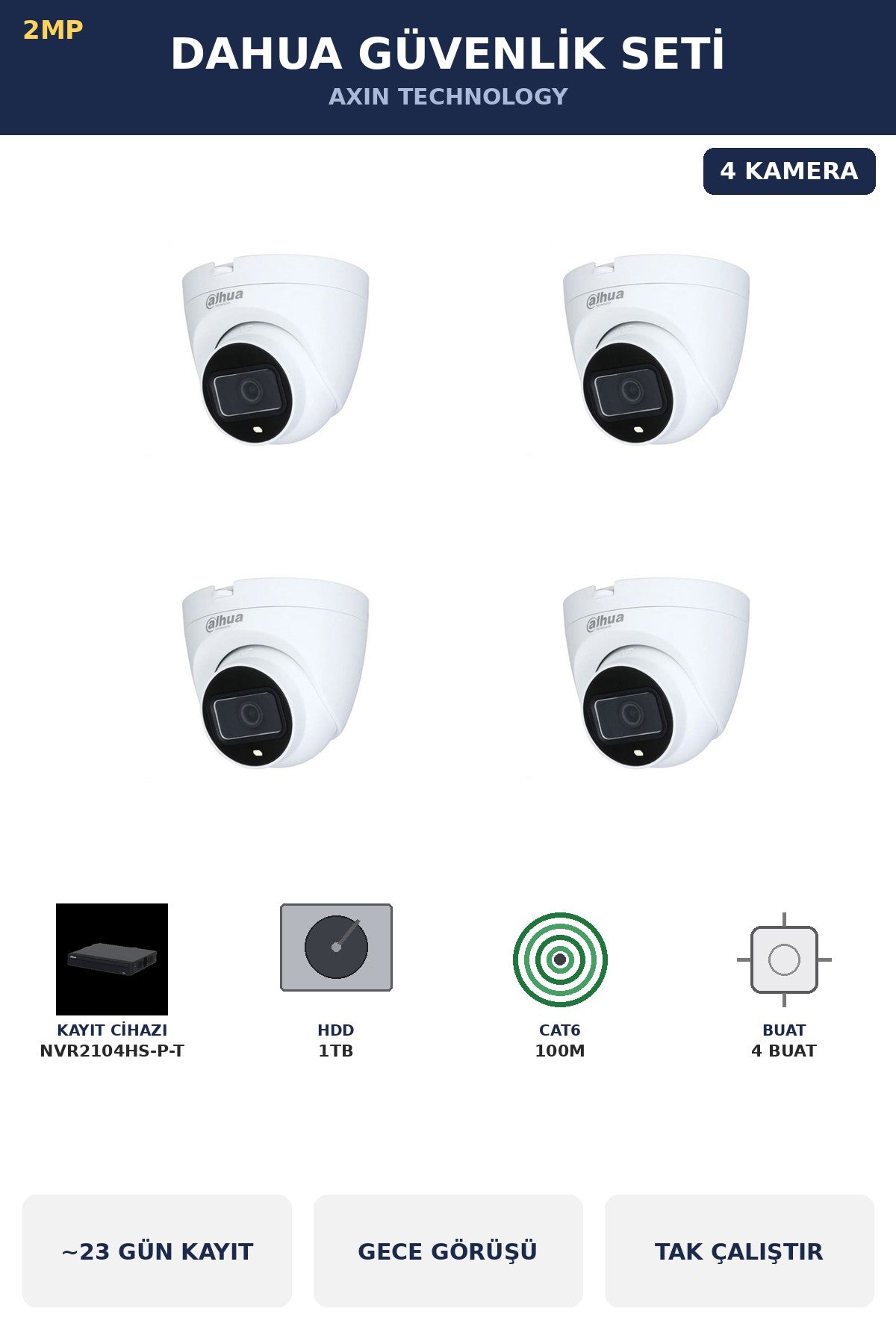 Dahua 4 Kameralı 2MP Güvenlik Kamera Seti IP PoE Tak Çalıştır Dome İç Mekan 1TB ~23 Gün Kayıt