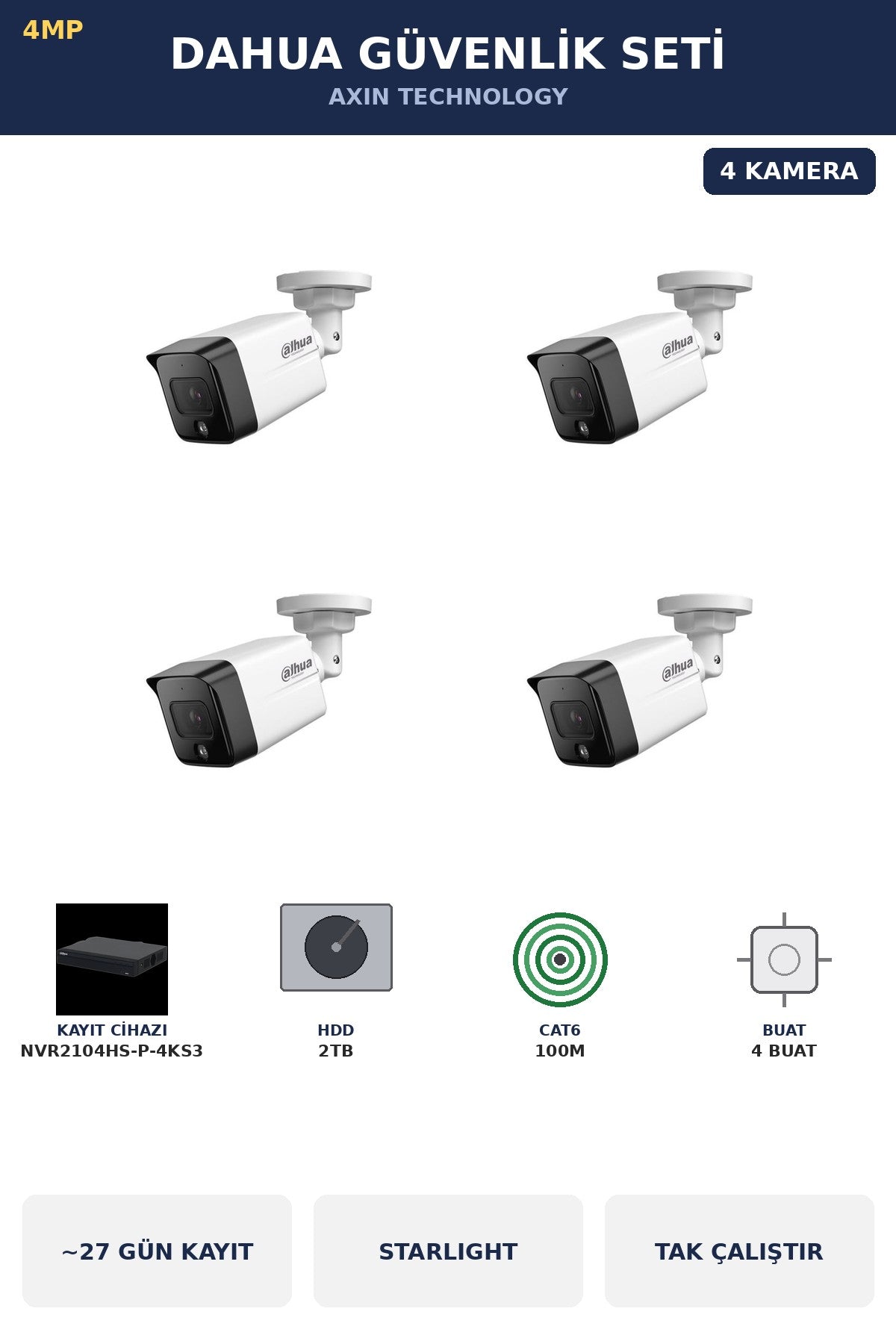 Dahua 4 Kameralı 4MP Güvenlik Kamera Seti 4MP IP PoE Starlight Bullet Dış Mekan 2TB ~27 Gün Kayıt