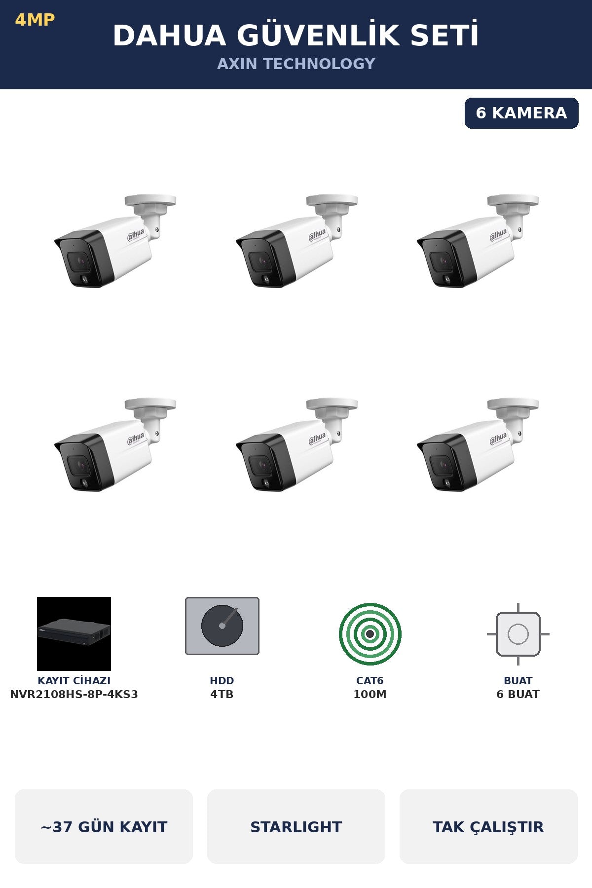 Dahua 6 Kameralı 4MP Güvenlik Kamera Seti 4MP IP PoE Starlight Bullet Dış Mekan 4TB ~37 Gün Kayıt