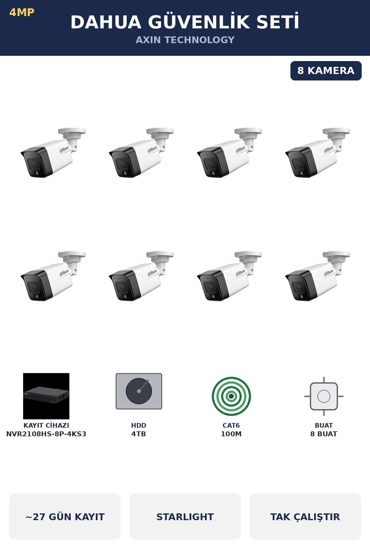 Dahua 8 Kameralı 4MP Güvenlik Kamera Seti 4MP IP PoE Starlight Bullet Dış Mekan 4TB ~27 Gün Kayıt