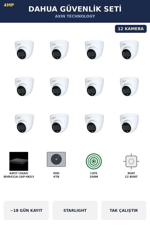 Dahua 12 Kameralı 4MP Güvenlik Kamera Seti 4MP IP PoE Starlight Dome İç Mekan 4TB ~18 Gün Kayıt