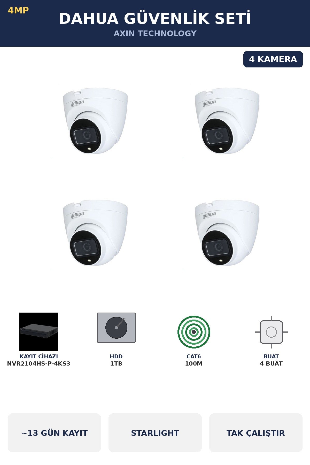 Dahua 4 Kameralı 4MP Güvenlik Kamera Seti 4MP IP PoE Starlight Dome İç Mekan 1TB ~13 Gün Kayıt