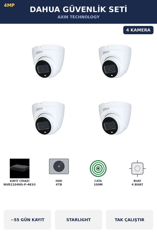 Dahua 4 Kameralı 4MP Güvenlik Kamera Seti 4MP IP PoE Starlight Dome İç Mekan 4TB ~55 Gün Kayıt