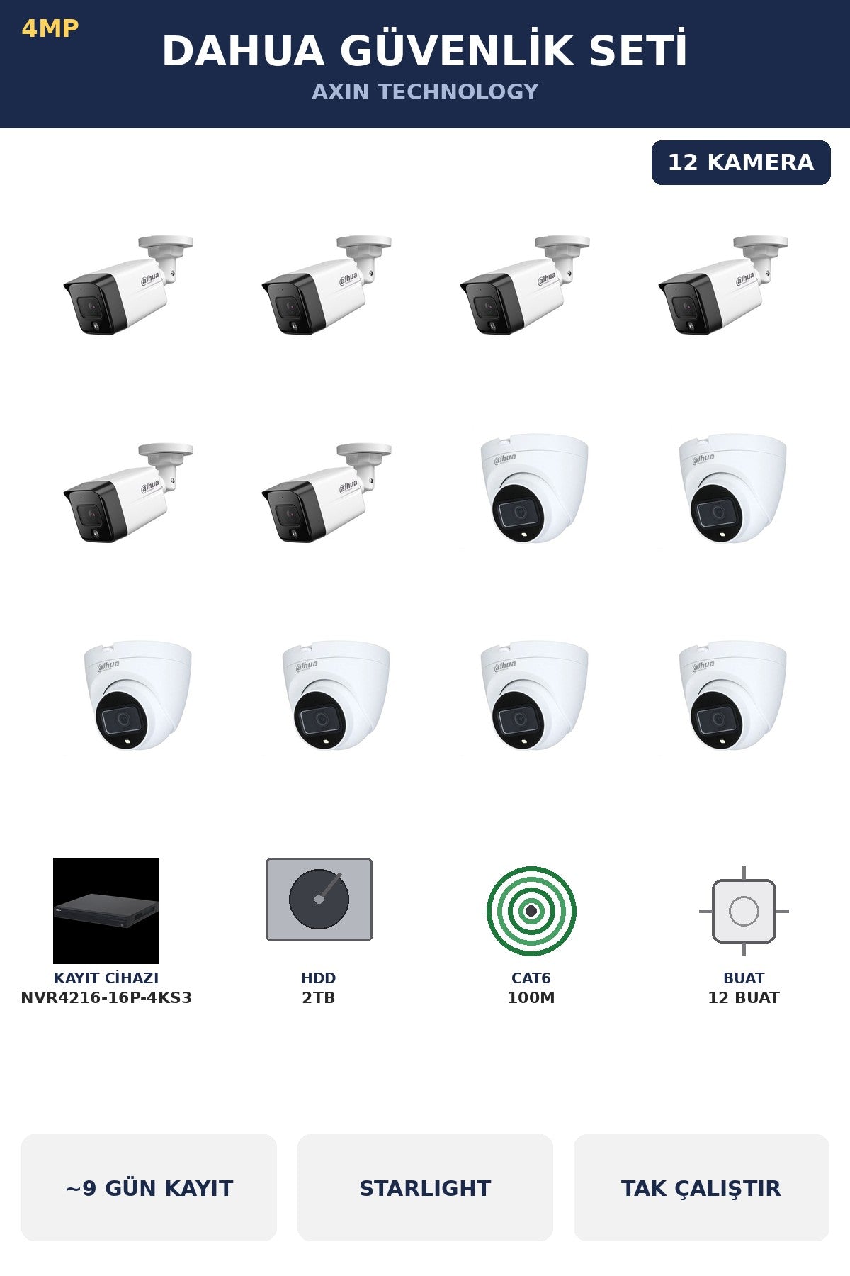 Dahua 12 Kameralı 4MP Güvenlik Kamera Seti 4MP IP PoE Starlight Dome+Bullet 2TB ~9 Gün Kayıt