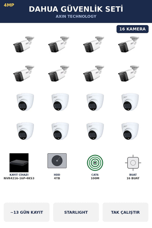 Dahua 16 Kameralı 4MP Güvenlik Kamera Seti 4MP IP PoE Starlight Dome+Bullet 4TB ~13 Gün Kayıt