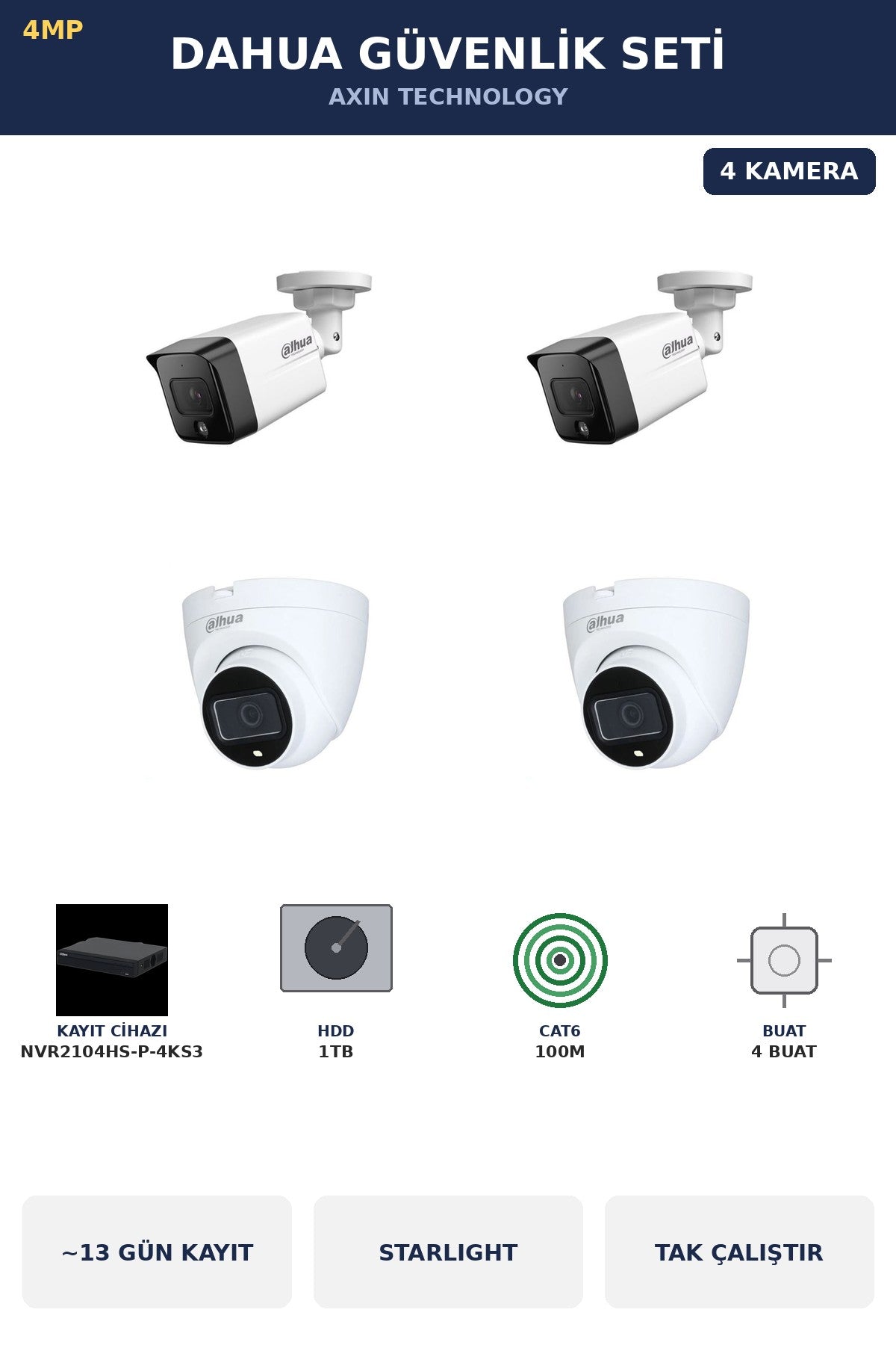 Dahua 4 Kameralı 4MP Güvenlik Kamera Seti 4MP IP PoE Starlight Dome+Bullet 1TB ~13 Gün Kayıt