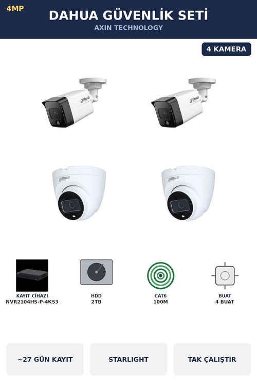 Dahua 4 Kameralı 4MP Güvenlik Kamera Seti 4MP IP PoE Starlight Dome+Bullet 2TB ~27 Gün Kayıt