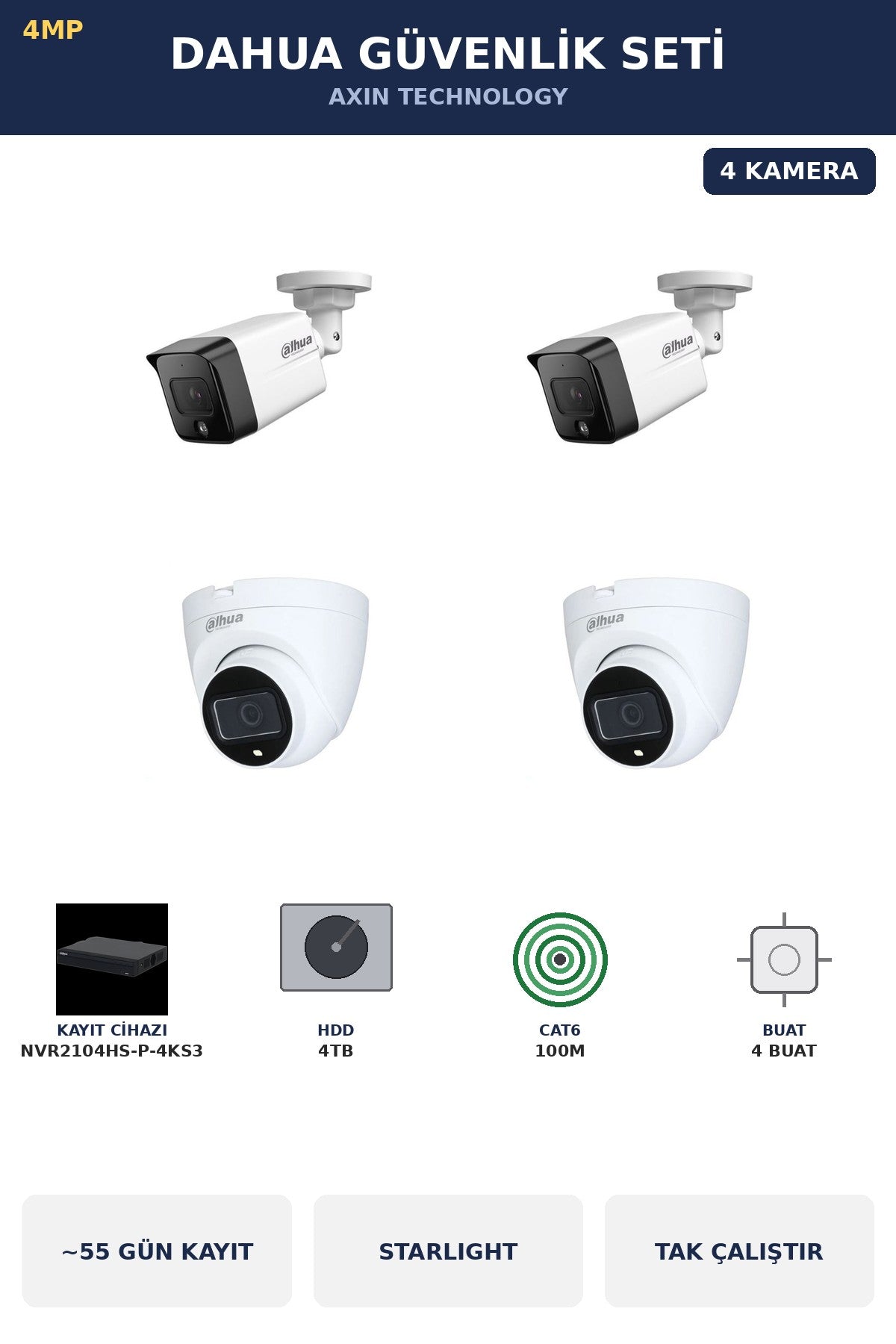 Dahua 4 Kameralı 4MP Güvenlik Kamera Seti 4MP IP PoE Starlight Dome+Bullet 4TB ~55 Gün Kayıt