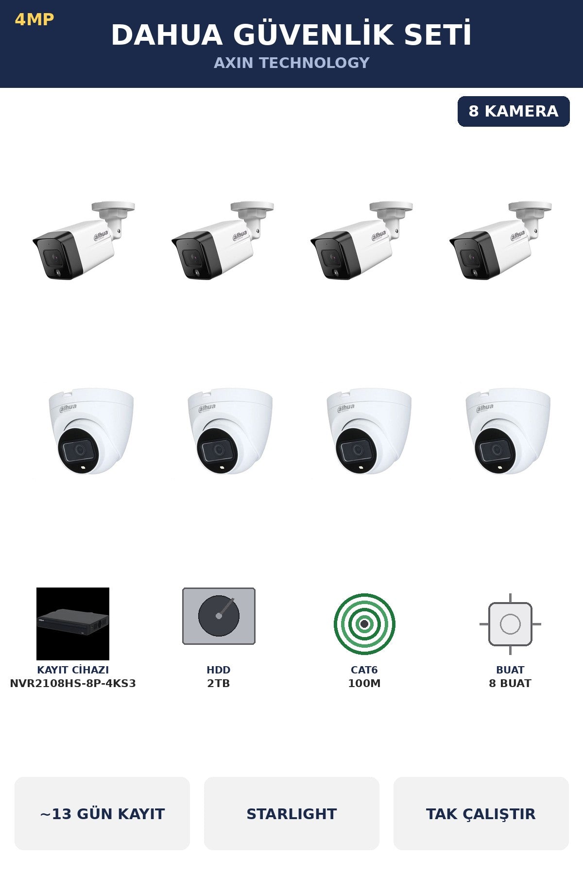 Dahua 8 Kameralı 4MP Güvenlik Kamera Seti 4MP IP PoE Starlight Dome+Bullet 2TB ~13 Gün Kayıt