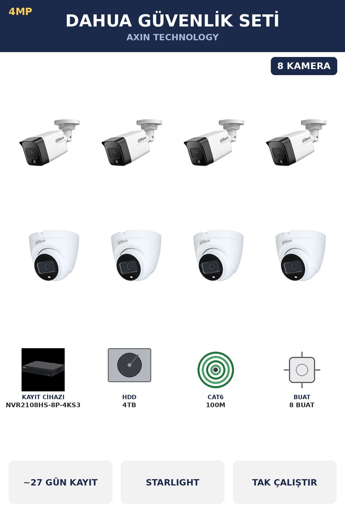 Dahua 8 Kameralı 4MP Güvenlik Kamera Seti 4MP IP PoE Starlight Dome+Bullet 4TB ~27 Gün Kayıt