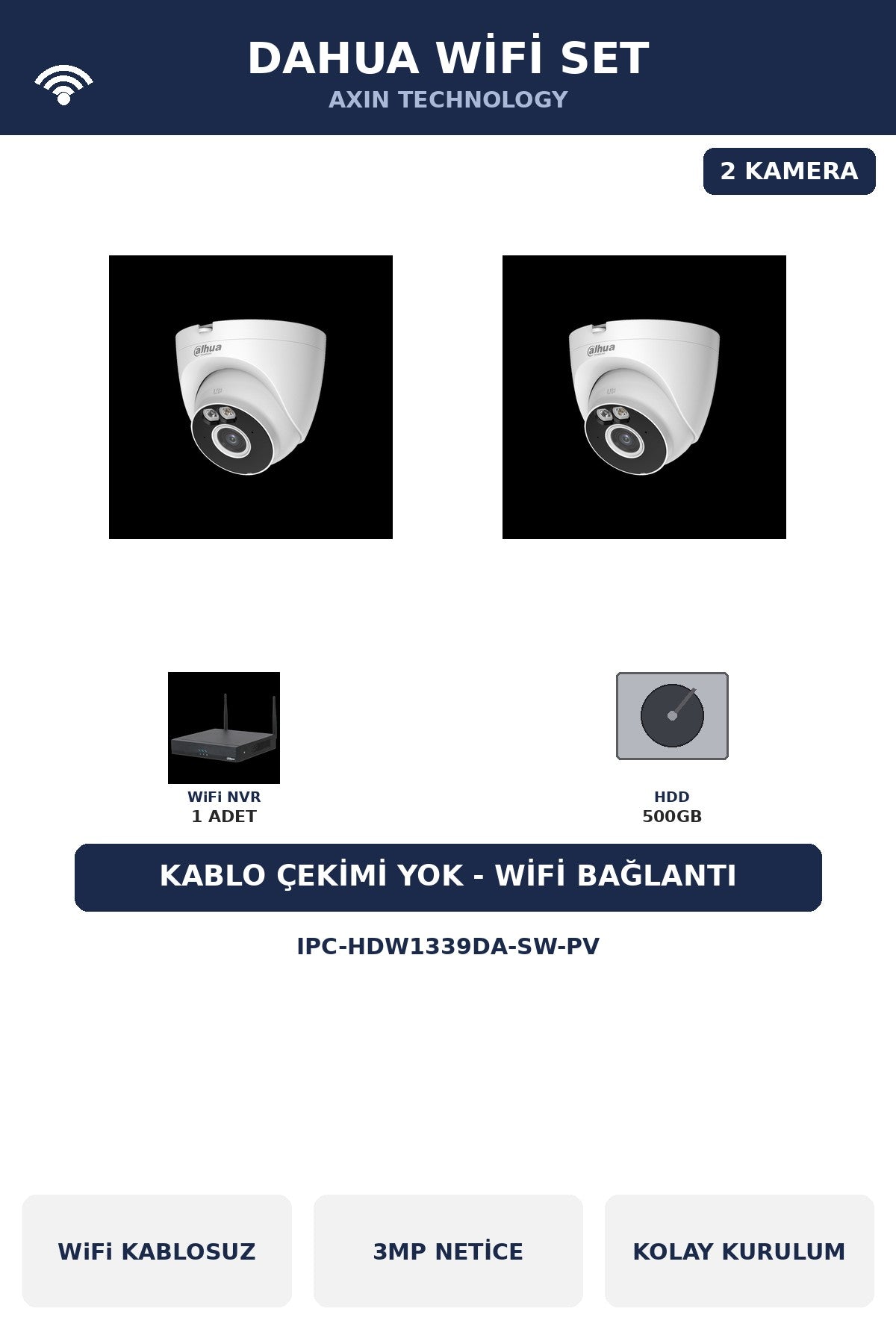 Dahua 2 Kameralı 3MP WiFi Kablosuz Kamera Seti Kablo Çekimsiz 500GB