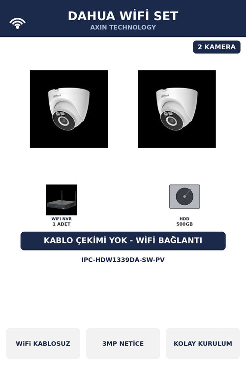 Dahua 2 Kameralı 3MP WiFi Kablosuz Kamera Seti Kablo Çekimsiz 500GB