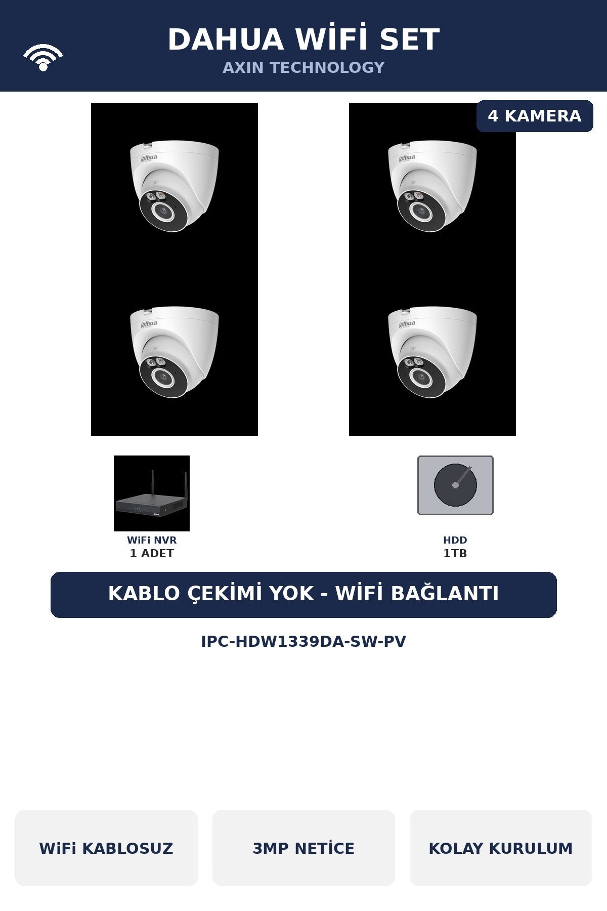 Dahua 4 Kameralı 3MP WiFi Kablosuz Kamera Seti Kablo Çekimsiz 1TB