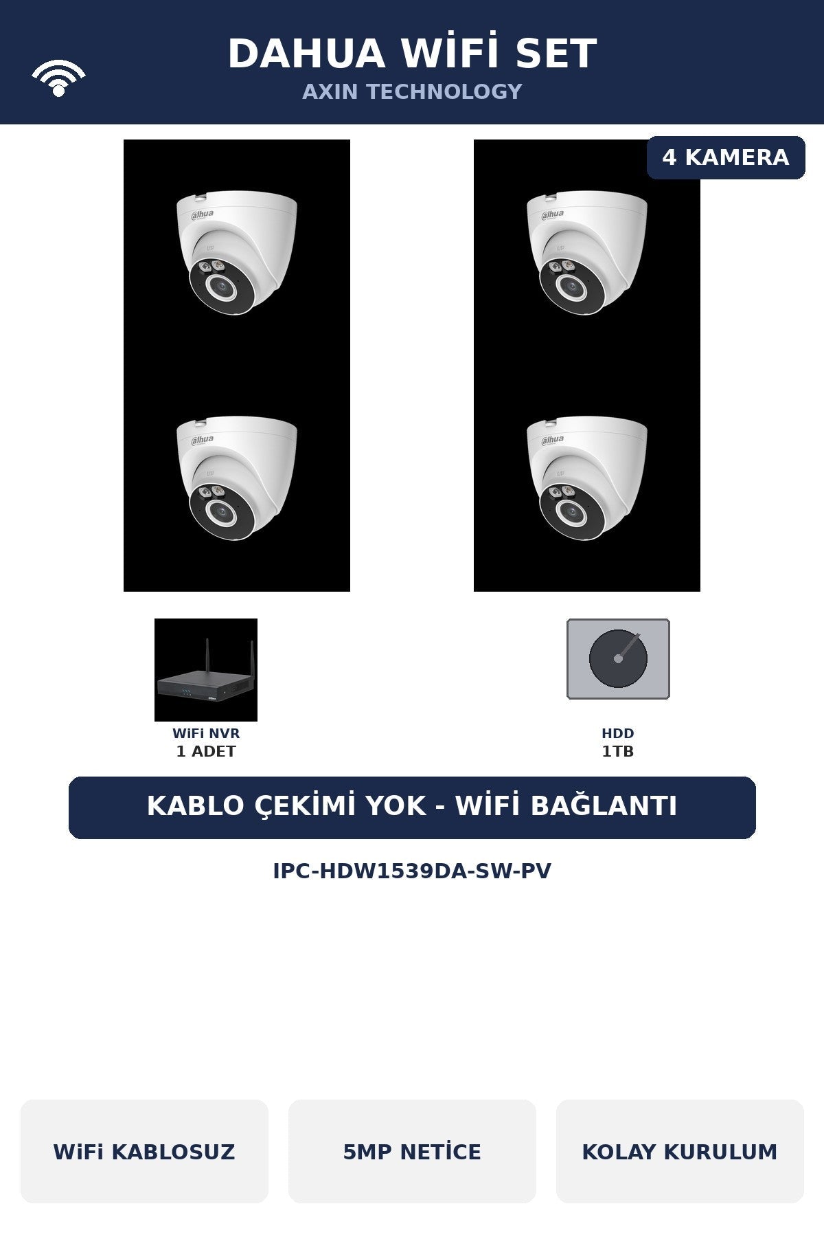 Dahua 4 Kameralı 5MP WiFi Kablosuz Kamera Seti Kablo Çekimsiz 1TB