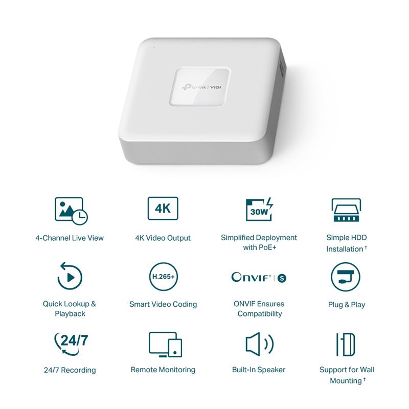 Tplink-Vigi TP-LINK VIGI NVR1104H-4P V1.0 4 KANAL POE 1 SATA H265+ ONVIF NVR KAYIT CİHAZI