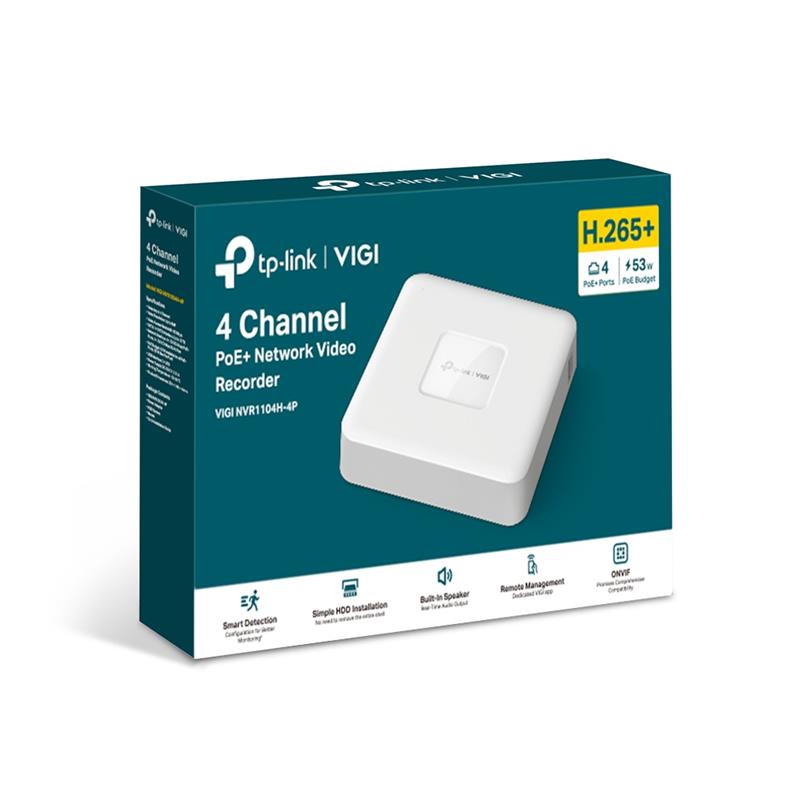 Tplink-Vigi TP-LINK VIGI NVR1104H-4P V1.0 4 KANAL POE 1 SATA H265+ ONVIF NVR KAYIT CİHAZI