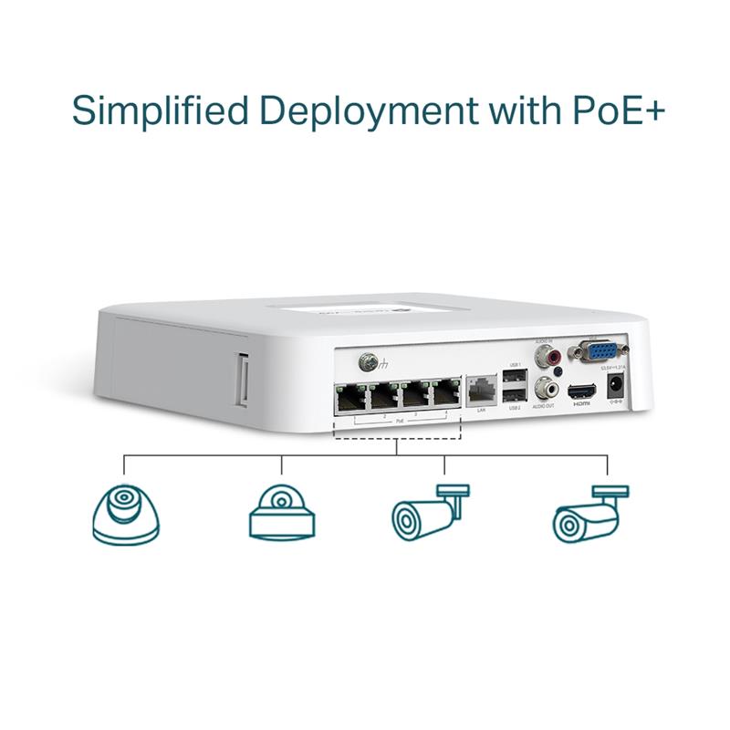 Tplink-Vigi TP-LINK VIGI NVR1104H-4P V1.0 4 KANAL POE 1 SATA H265+ ONVIF NVR KAYIT CİHAZI