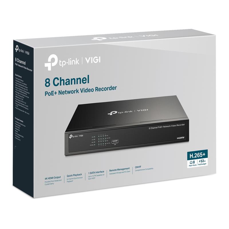 Tplink-Vigi TP-LINK VIGI NVR1008H-8MP V1.2 8 KANAL POE 1 SATA H265+ ONVIF NVR KAYIT CİHAZI