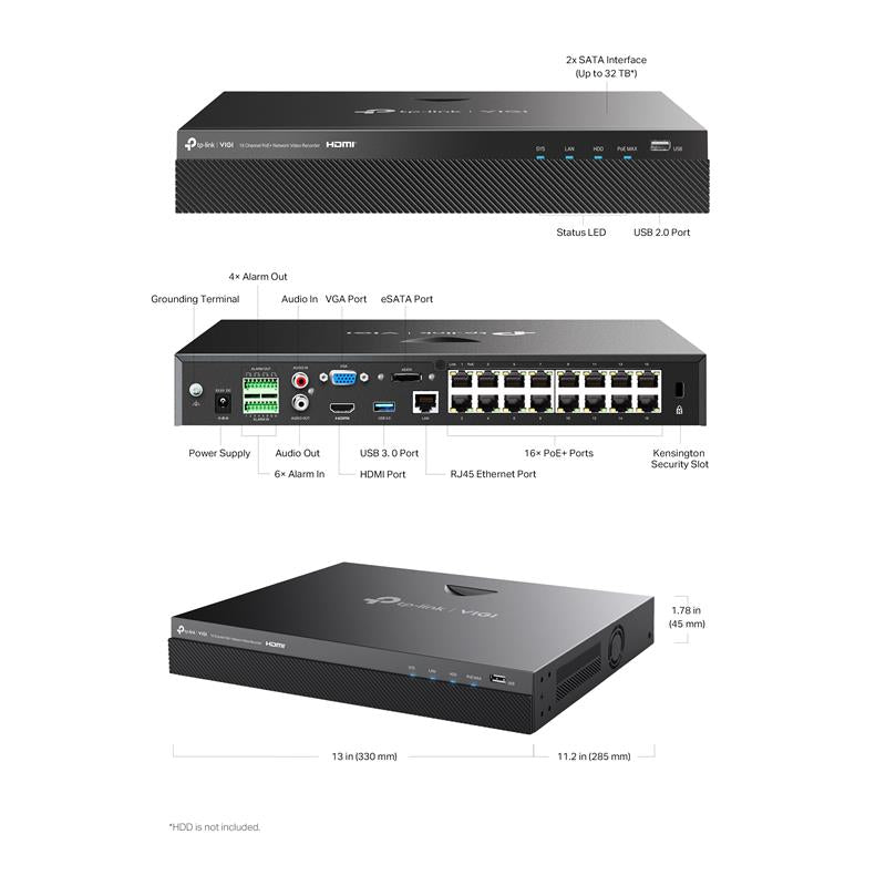Tplink-Vigi TP-LINK VIGI NVR2016H-16P V2 16 KANAL POE 4K 2 SATA H265+ ONVIF NVR KAYIT CİHAZI
