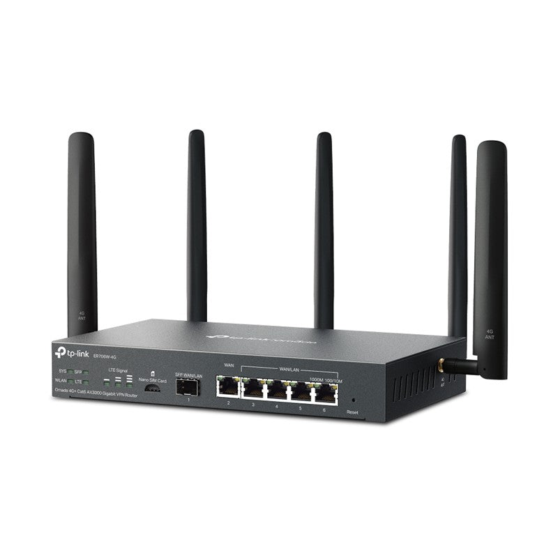 TP-LINK OMADA ER706W-4G AX3000 1XGIGABIT SFP WAN/LAN PORT 1XGIGABIT RJ45 WAN PORT 4XGIGABIT WAN/LAN