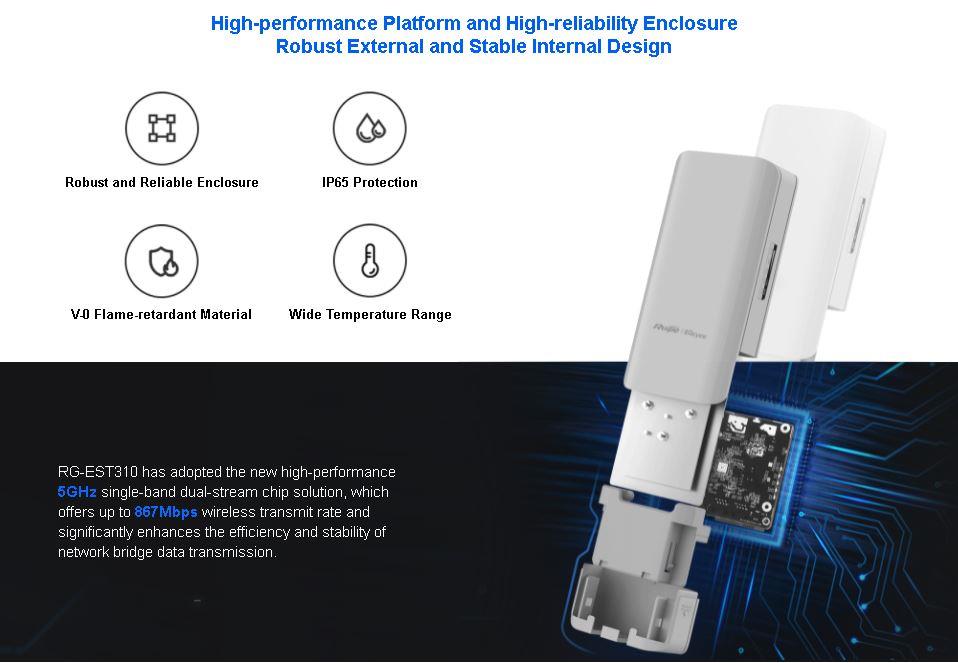 RUIJIE REYEE RG-EST310 V2 867MBPS 1KM PTP 60 DERECE DIŞ ORTAM 2 LI SET ACCESS POINT(ADAPTÖRLÜ)