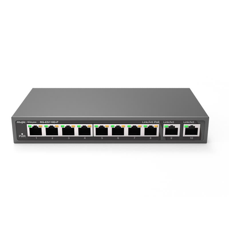 RUIJIE REYEE RG-ES110D-P 8 PORT 10/100 + 2X GIGABIT RJ45 UPLINK METAL KASA 110W POE SWITCH