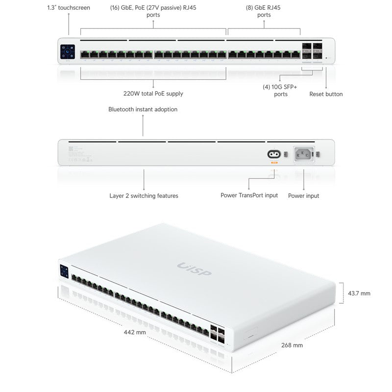 UBNT UBIQUITI UISP-S-PRO 16 PORT 27V PASİF POE+8 PORT GB RJ45+4X10GB SFP+ UPLINK 220W POE L2 YÖNETİL