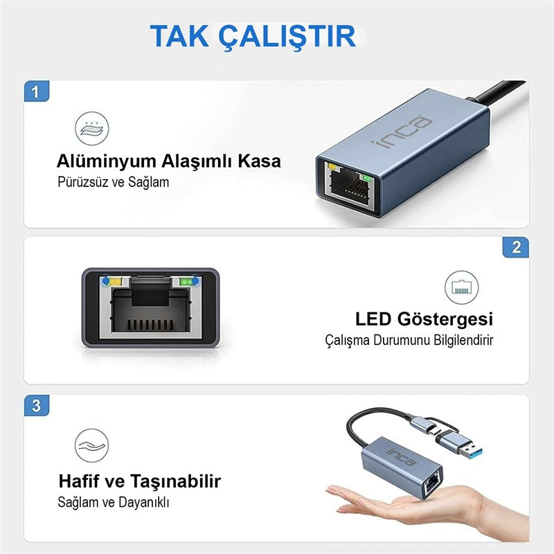 INCA IUTP-01T USB 3.0 TYPE-C 3.1 ETHERNET RJ45 1000MBPS ALUMINYUM KASA