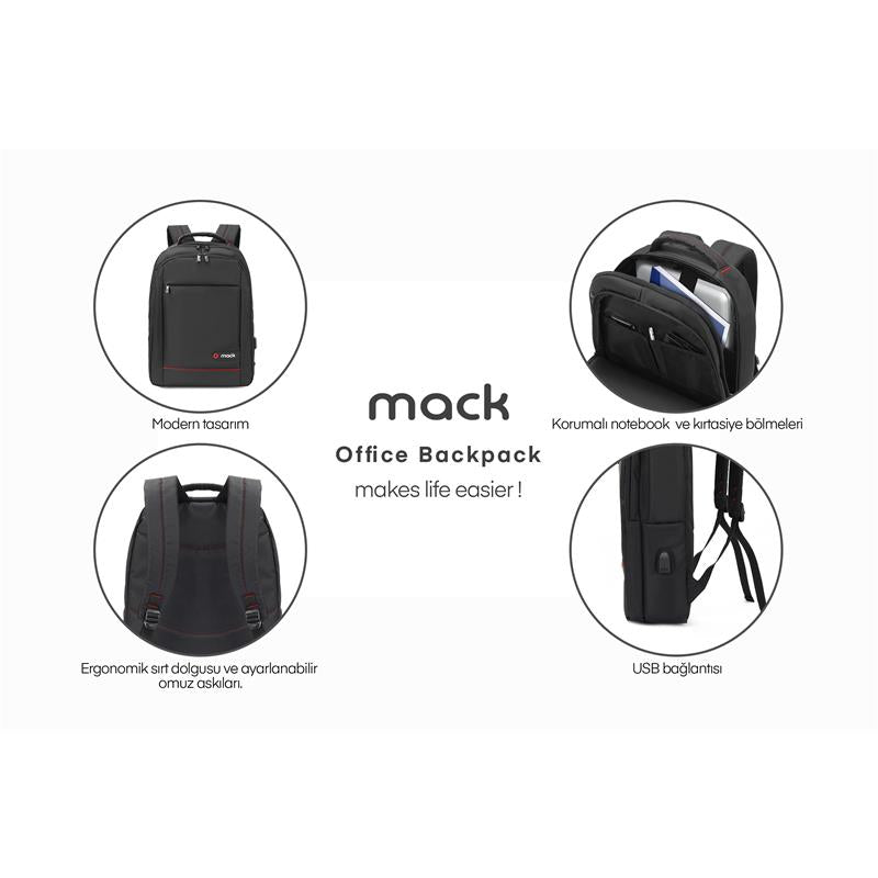 MACK MCC-006 15.6" OFFICE USB GİRİŞLİ NOTEBOOK SIRT ÇANTASI SİYAH