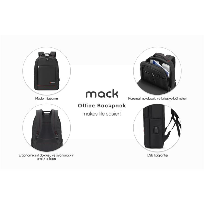 MACK MCC-007 17.3" OFFICE USB GİRİŞLİ NOTEBOOK SIRT ÇANTASI SİYAH